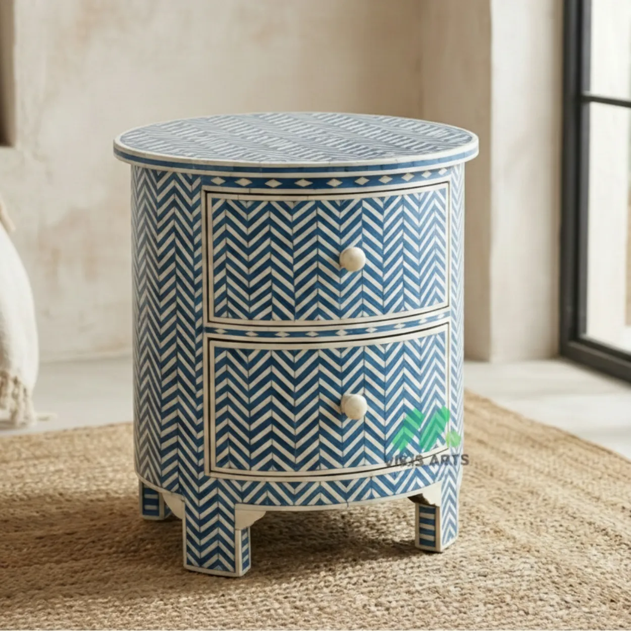 Bone Inlay Blue Round bedside table with 2 Drawer - Image 3