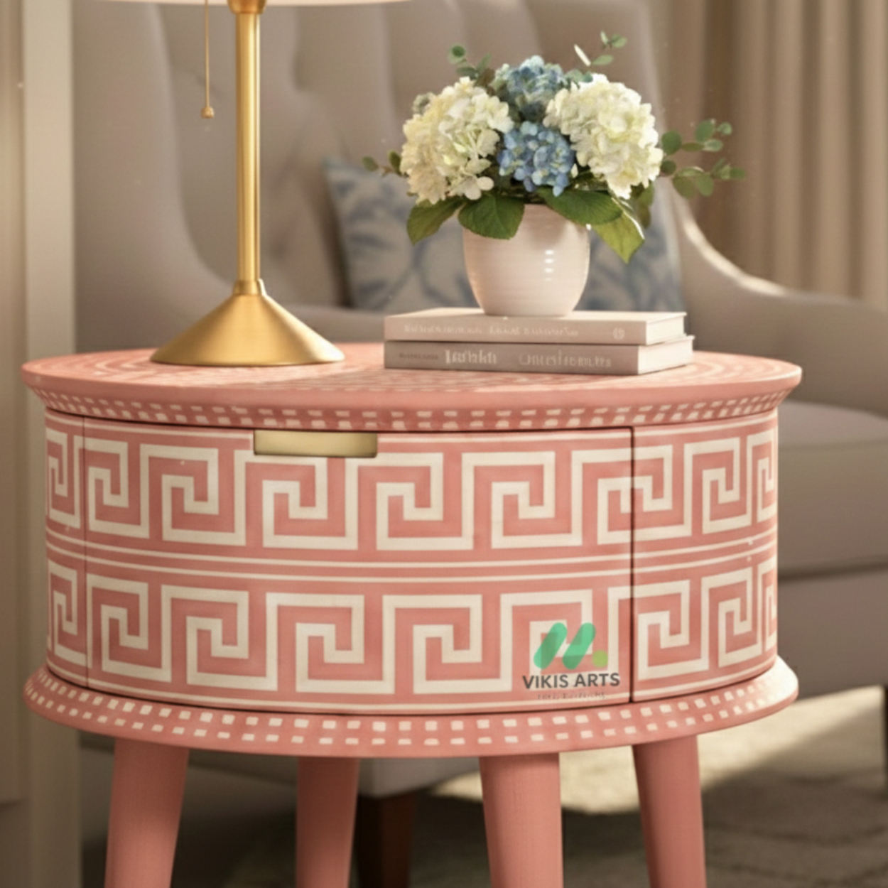 Bone Inlay Pink Round Bedside Table - Image 5