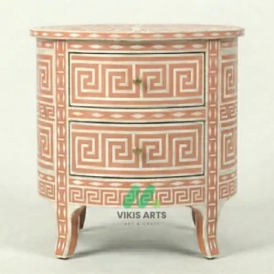Bone Inlay Pink Round bedside table with 2 Drawers