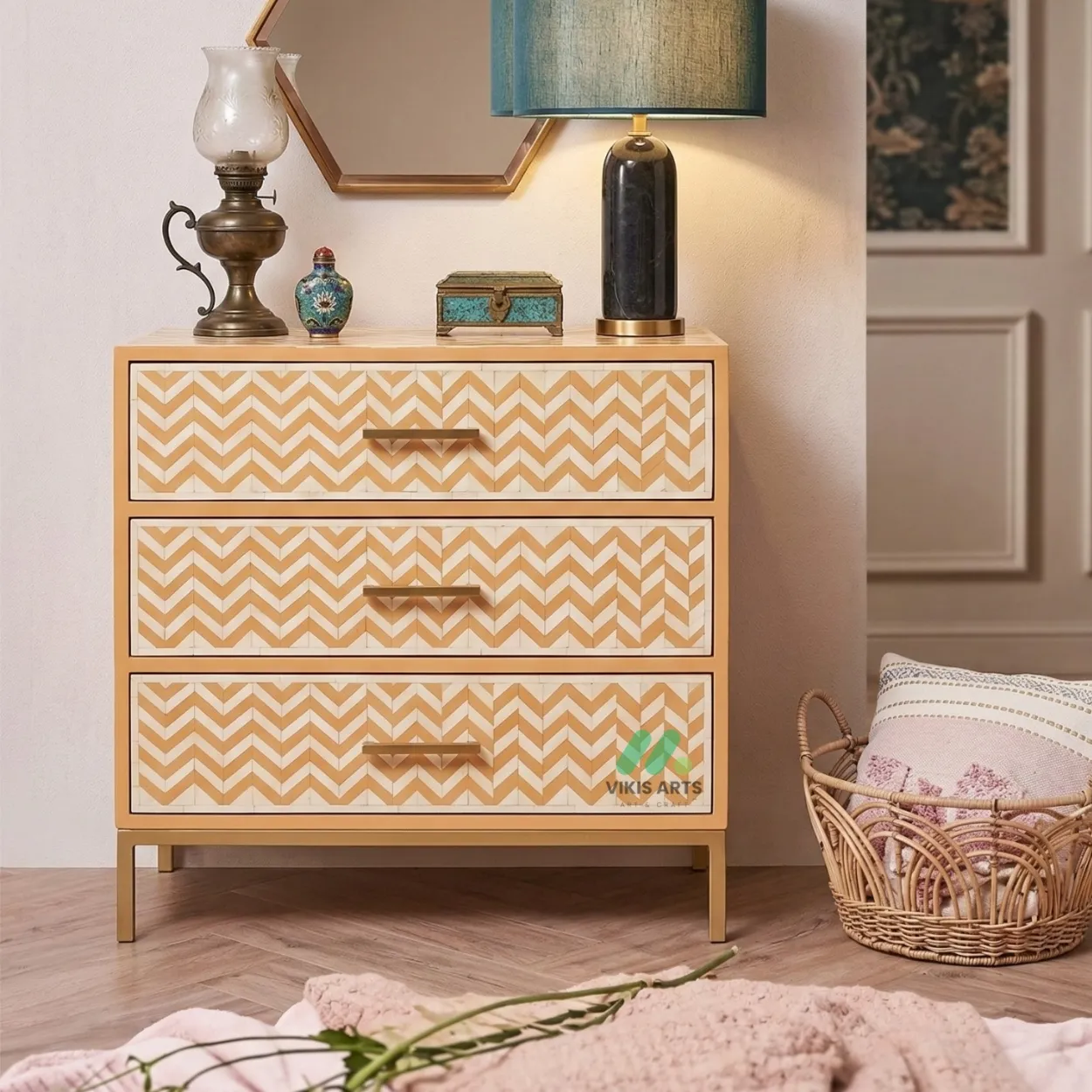 Bone Inlay Orange 3 Chest of Drawer