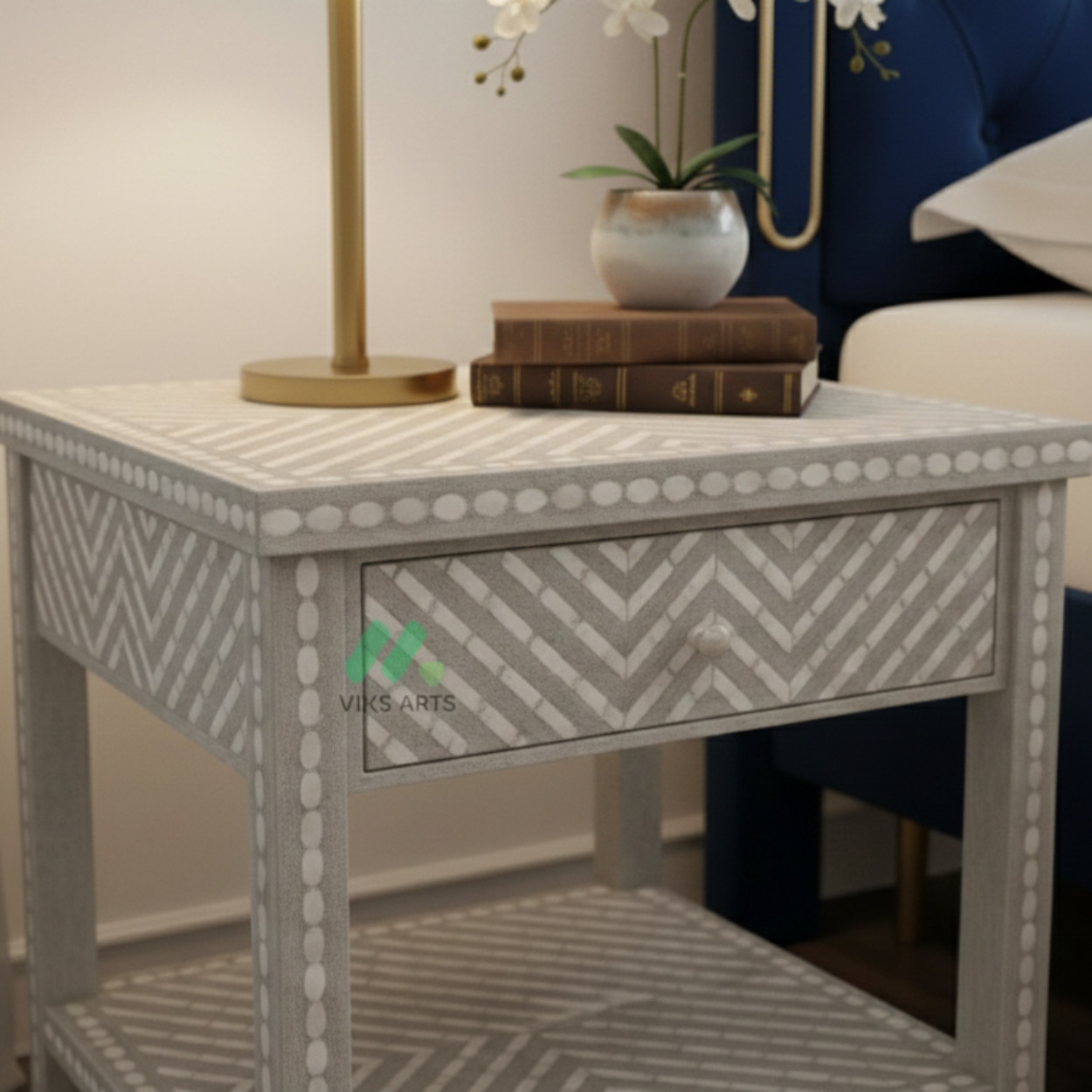 Bone Inlay Grey Bedside Table - Image 5
