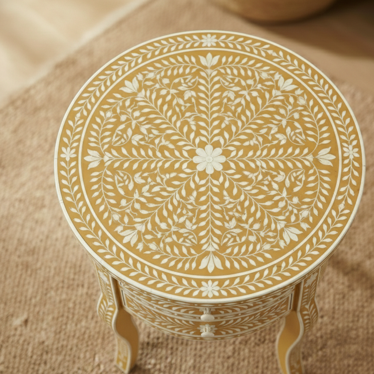 Bone inlay Yellow Round bedside table with 2 Drawers - Image 5