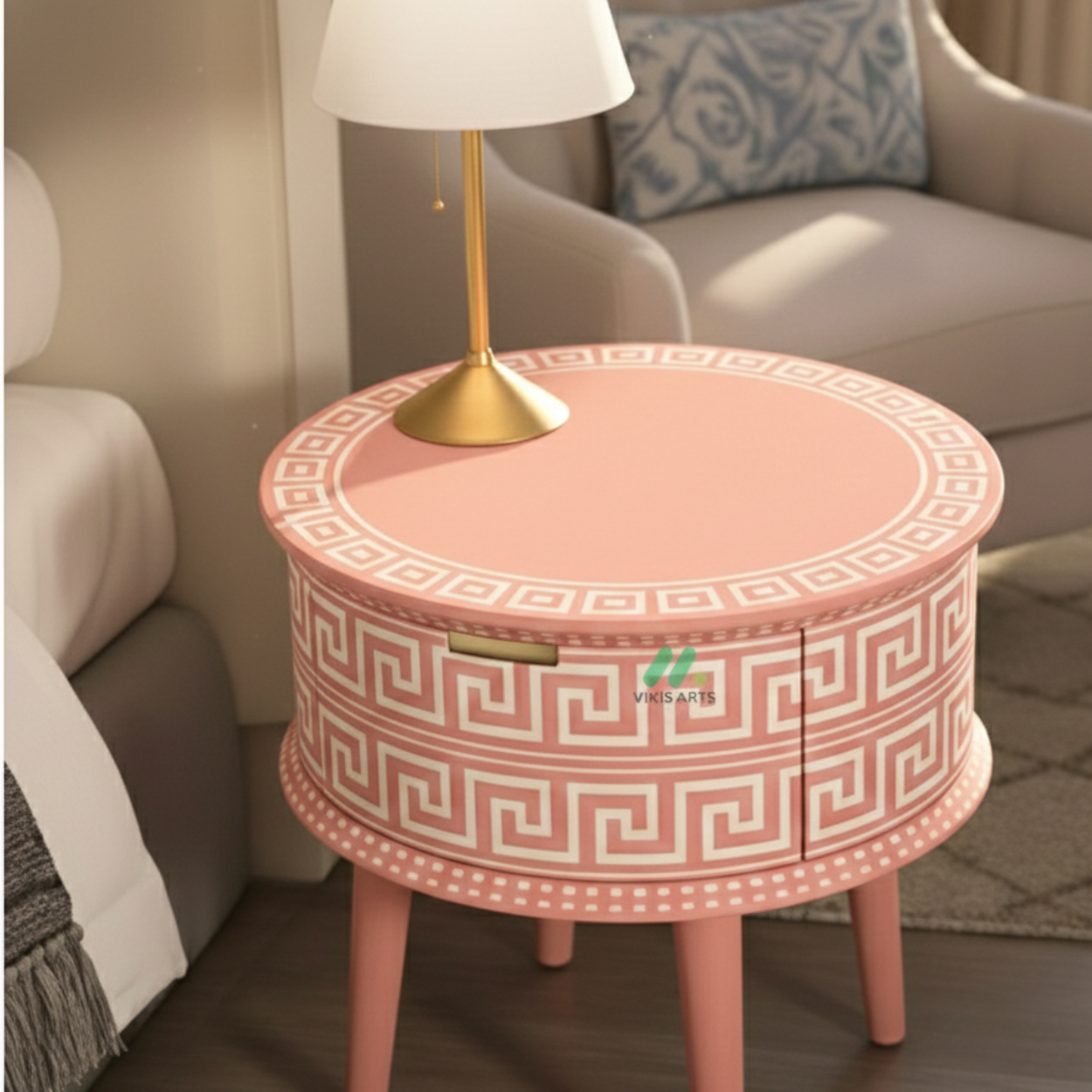 Bone Inlay Pink Round Bedside Table - Image 3