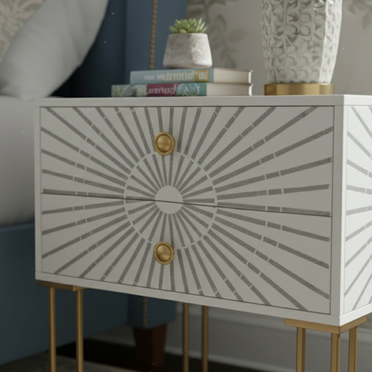 Bone inlay White bedside table with 2 Drawers - Image 3