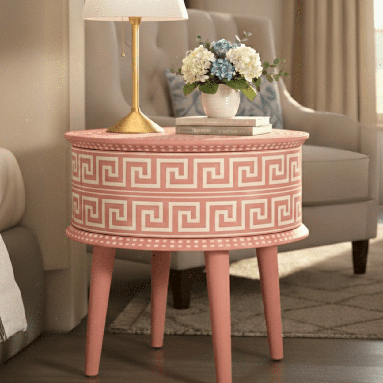 Bone Inlay Pink Round Bedside Table - Image 2