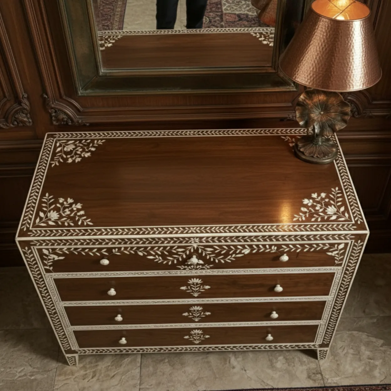 Bone Inlay Wooden 4 Chest of Drawer - Image 3
