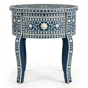 Bone inlay Blue Round bedside table with 1 Drawer