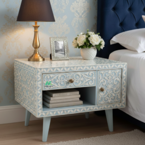Bone Inlay Light Blue Bedside Table with Drawer