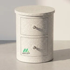 Bone Inlay White Round bedside table with 2 Drawer