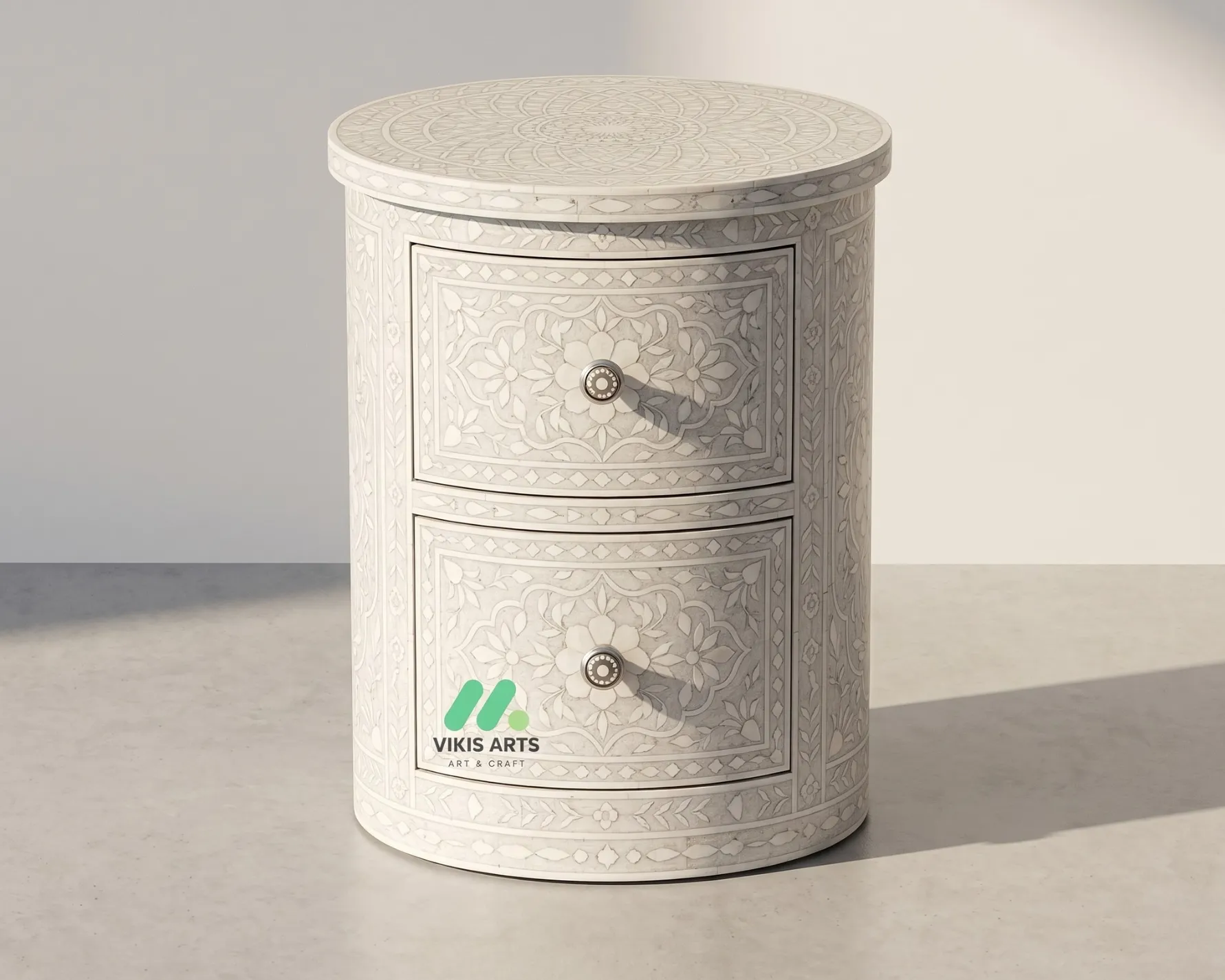 Bone Inlay White Round bedside table with 2 Drawer