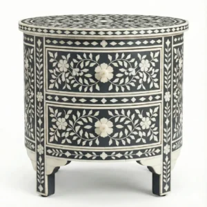 Bone inlay Grey Round bedside table with 2 Drawers