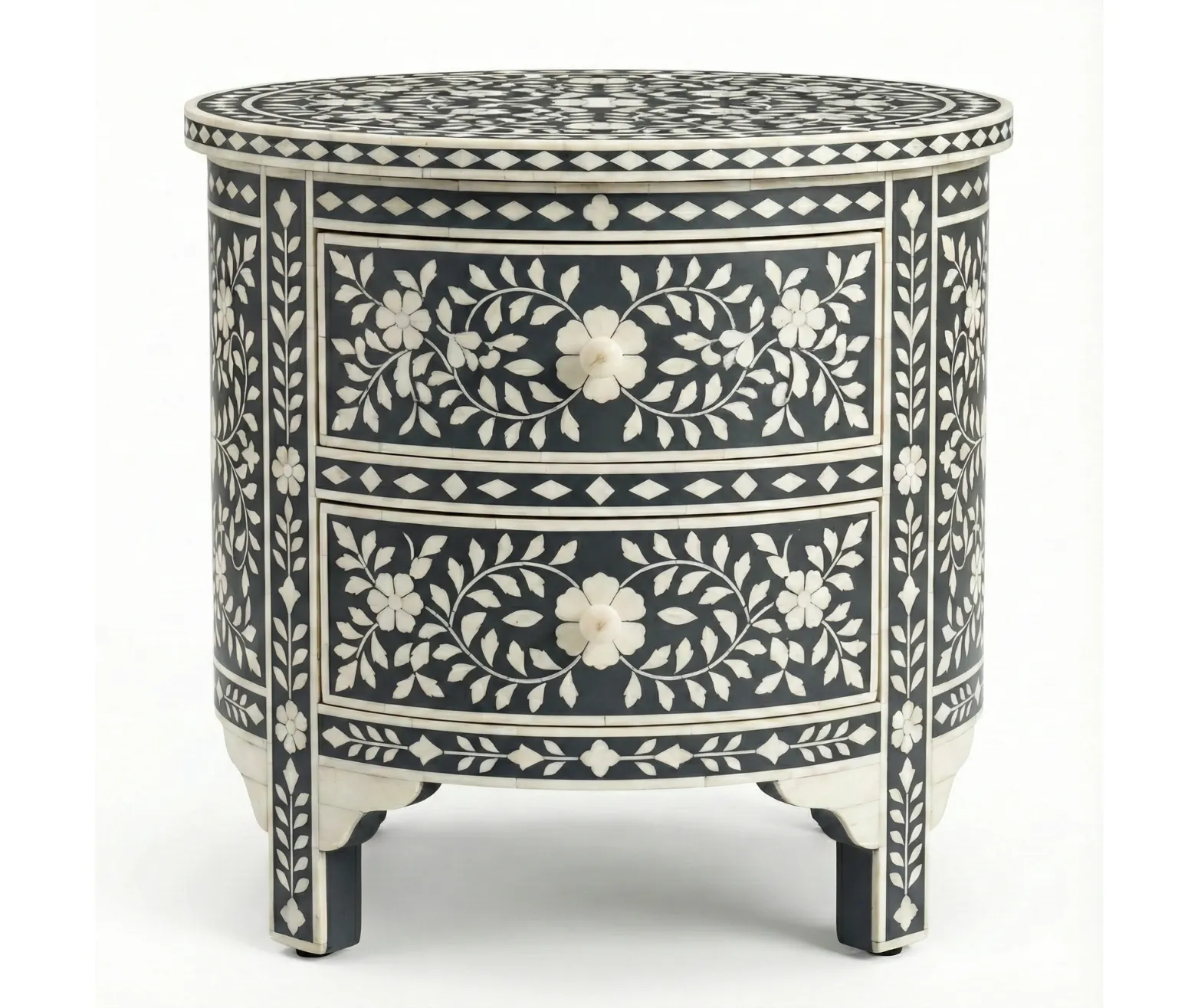 Bone inlay Grey Round bedside table with 2 Drawers