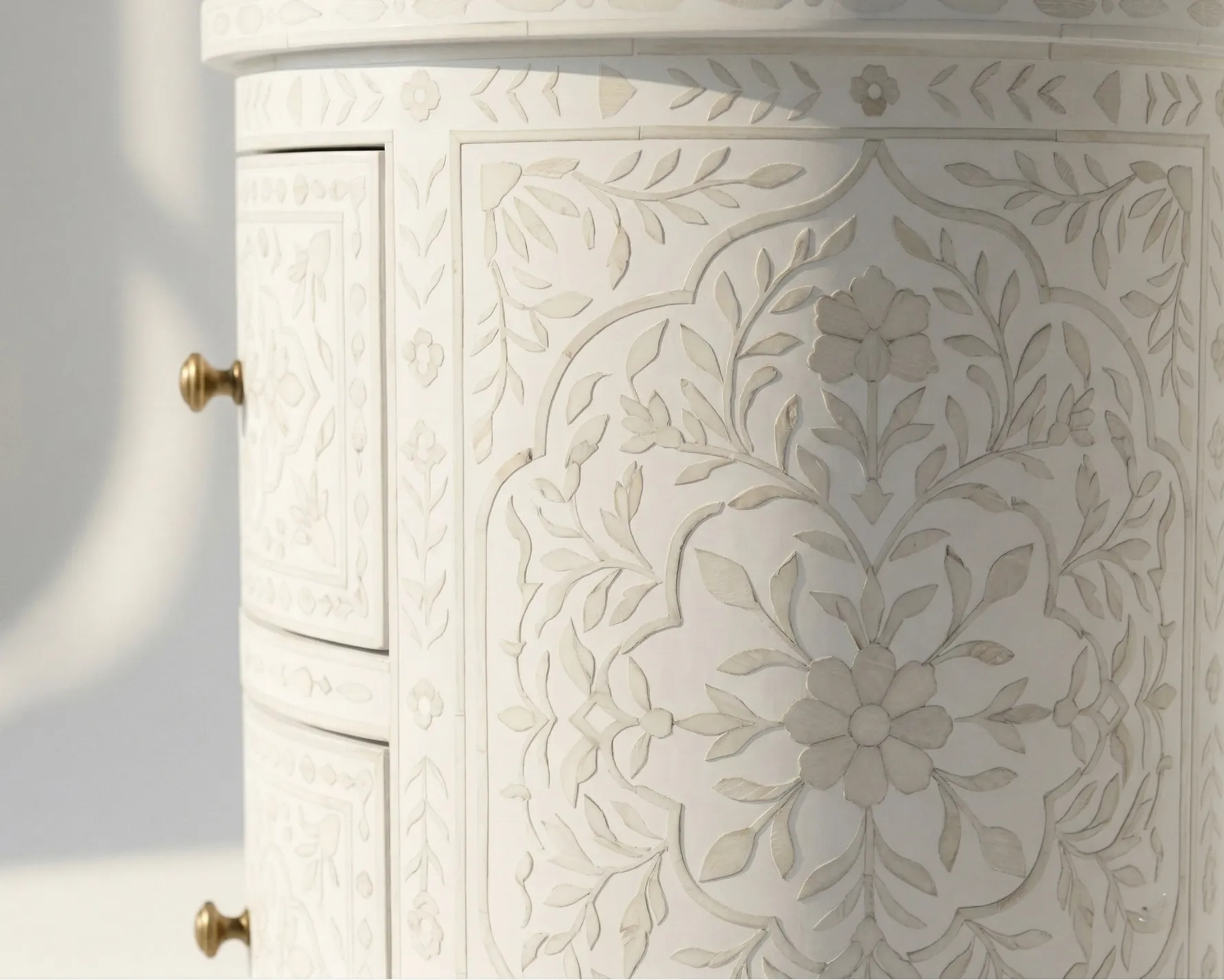Bone Inlay White Round bedside table with 2 Drawer - Image 5