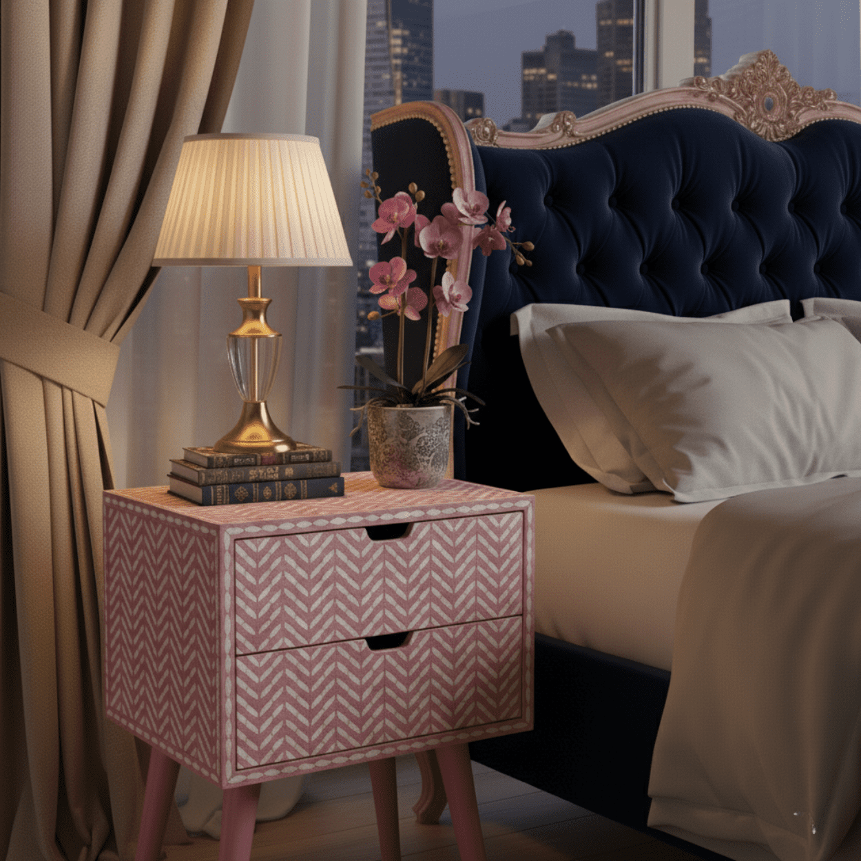 Bone Inlay Pink Bedside Table - Image 5