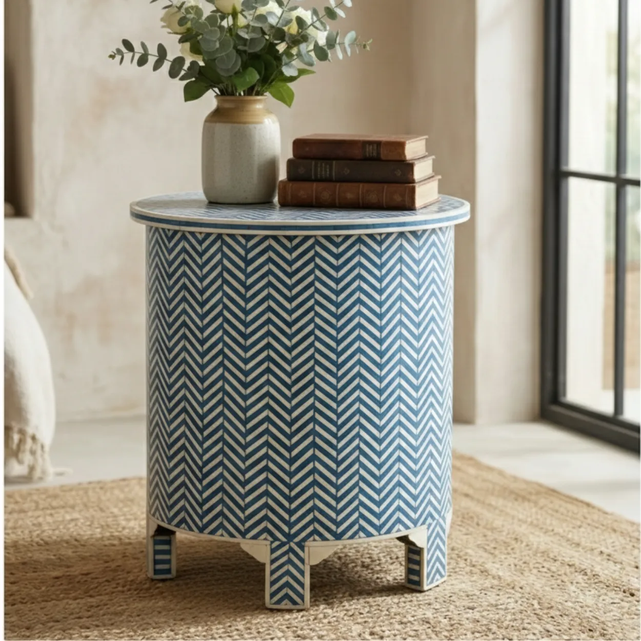 Bone Inlay Blue Round bedside table with 2 Drawer - Image 2