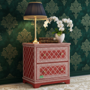 Bone Inlay Red Bedside Table
