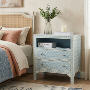 Bone inlay Light blue bedside table with 2 Drawer and shelf