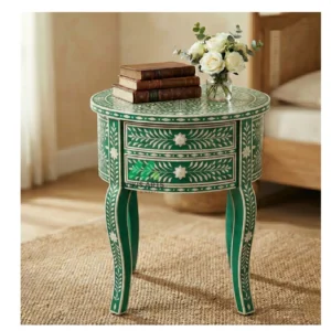 Bone inlay Green Round bedside table with 2 Drawers