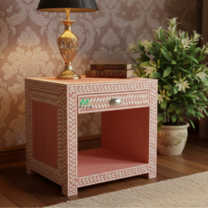Bone Inlay Pink Bedside Table with 1 Drawer
