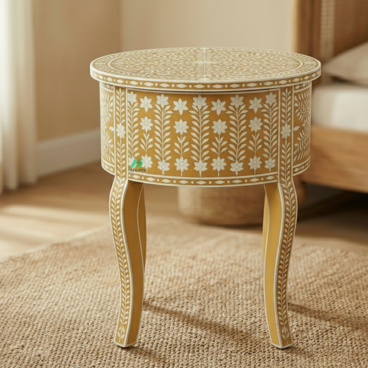 Bone inlay Yellow Round bedside table with 2 Drawers - Image 4