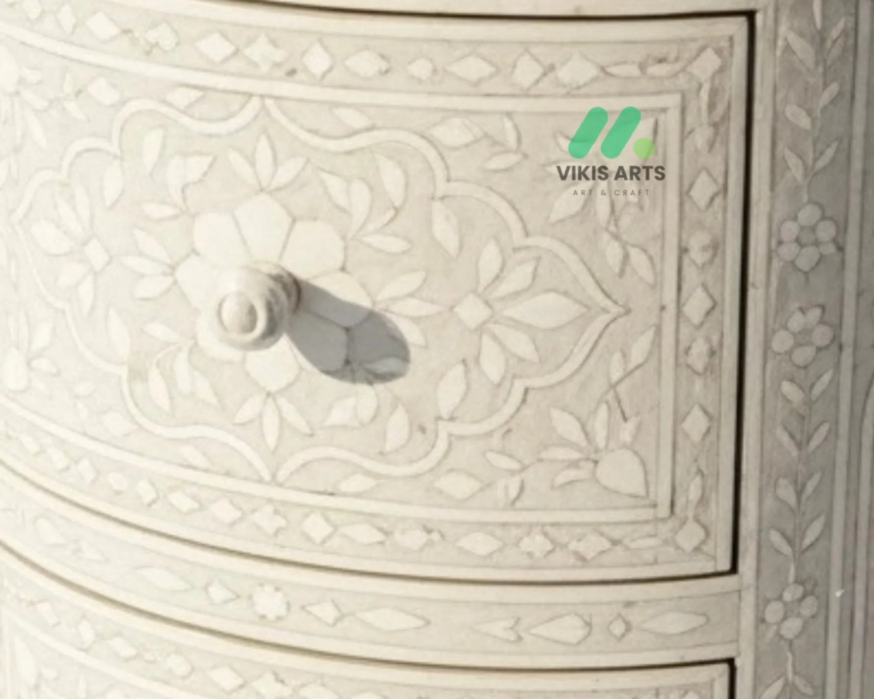 Bone Inlay White Round bedside table with 2 Drawer - Image 6