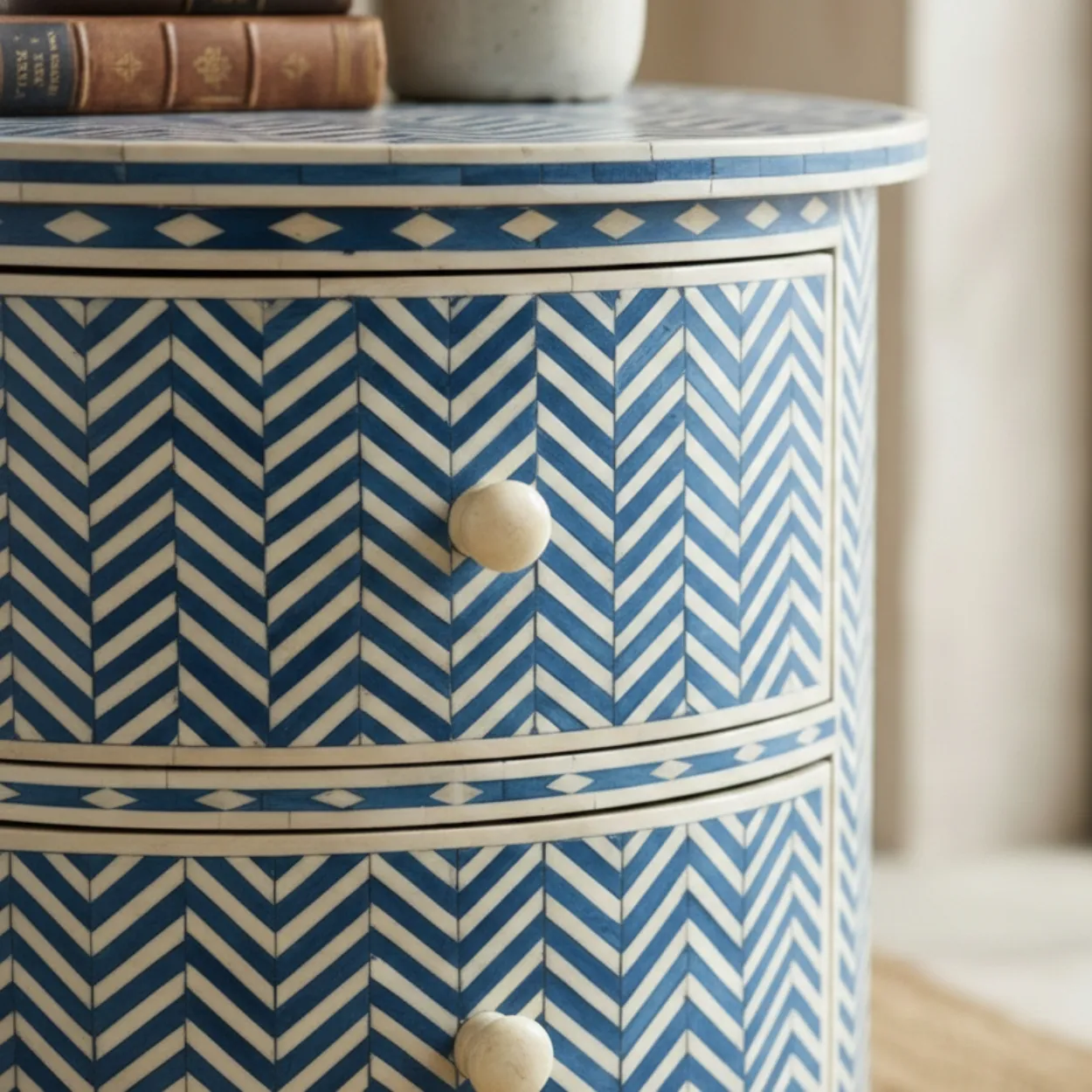 Bone Inlay Blue Round bedside table with 2 Drawer - Image 4