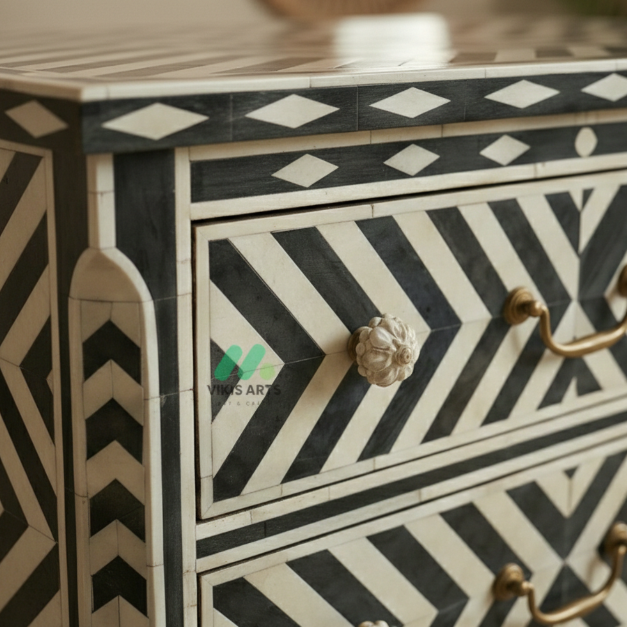 Bone inlay Black bedside table with 2 Drawers - Image 5