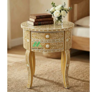 Bone inlay Yellow Round bedside table with 2 Drawers