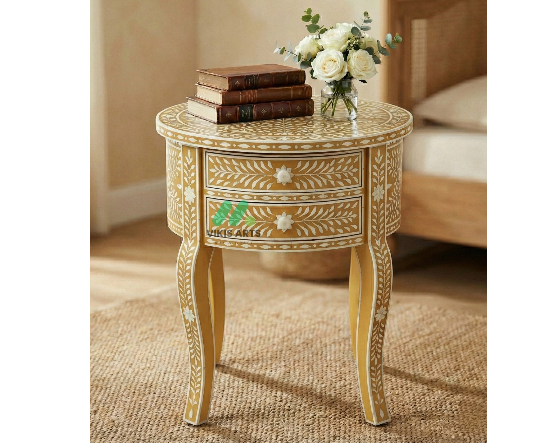 Bone inlay Yellow Round bedside table with 2 Drawers