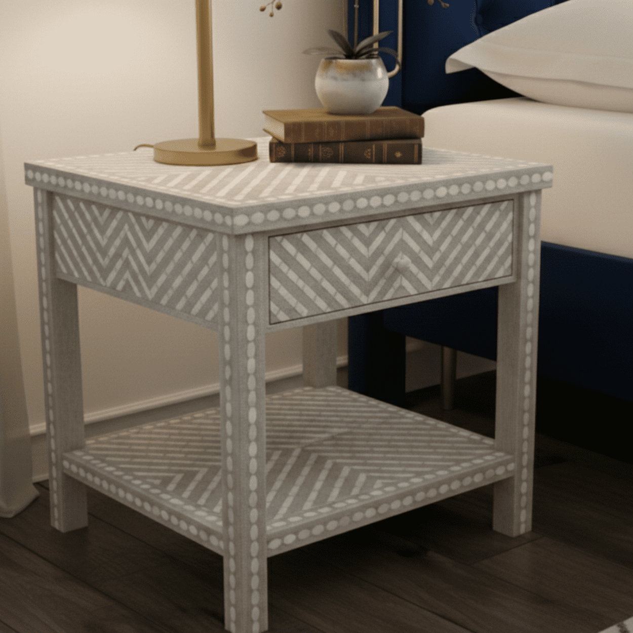 Bone Inlay Grey Bedside Table - Image 6