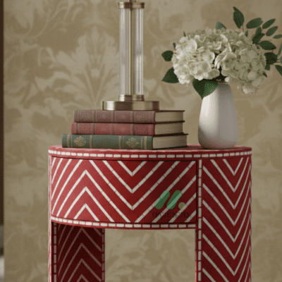 Bone Inlay Red Round Bedside Table - Image 2