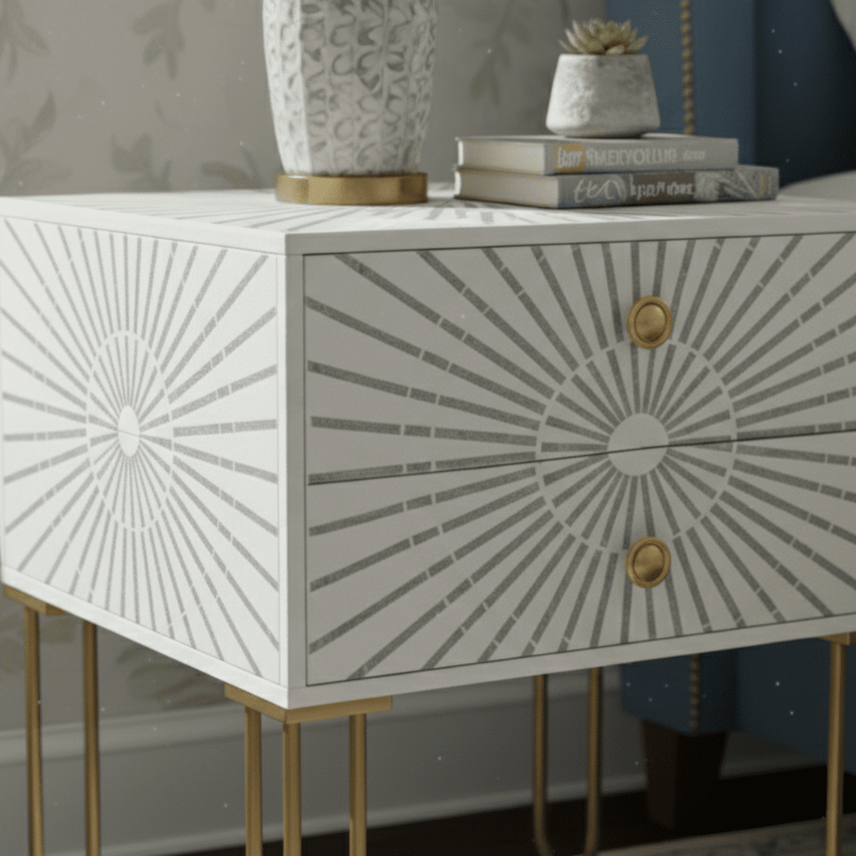 Bone inlay White bedside table with 2 Drawers - Image 4