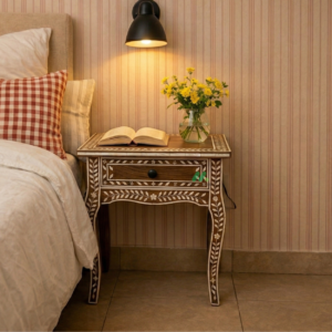 Bone inlay Black bedside table with 2 Drawers