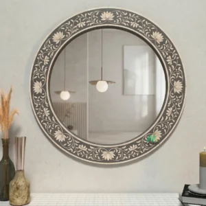 Bone Inlay Grey Round Mirror Frame