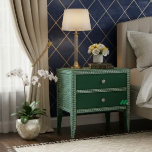 Bone Inlay Green Bedside Table with 2 Drawer