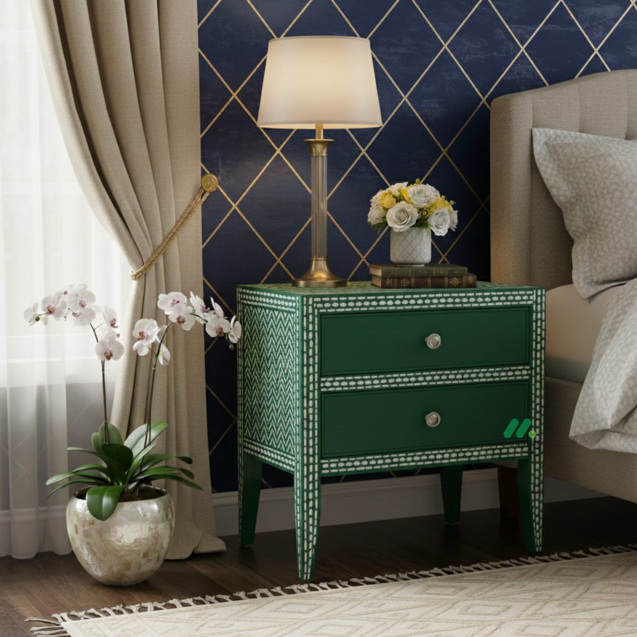 Bone Inlay Green Bedside Table with 2 Drawer