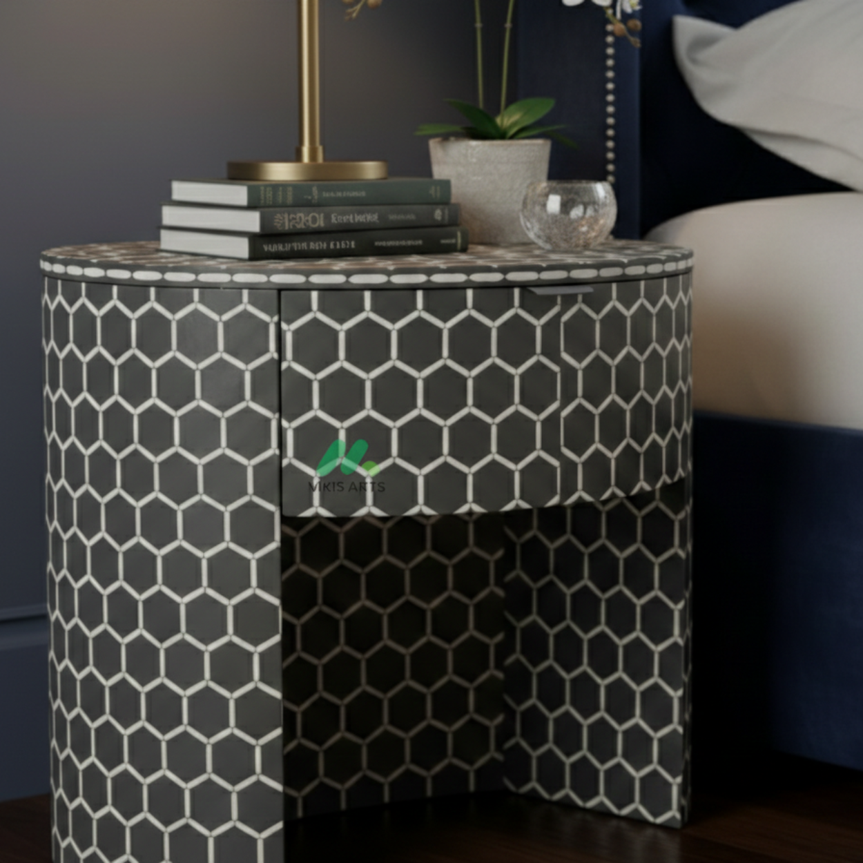 Bone Inlay Grey Bedside Table - Image 5