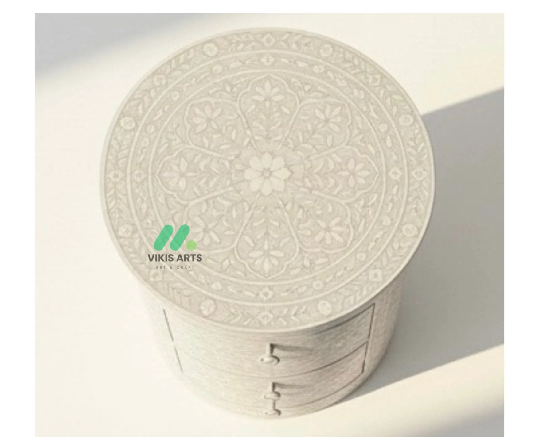 Bone Inlay White Round bedside table with 2 Drawer - Image 2
