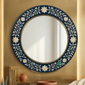 Bone Inlay Navy Blue Round Mirror Frame