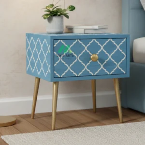 Bone inlay Sky Blue bedside table with 1 Drawer