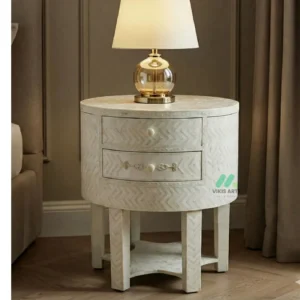 Bone inlay White Round bedside table with 2 Drawers