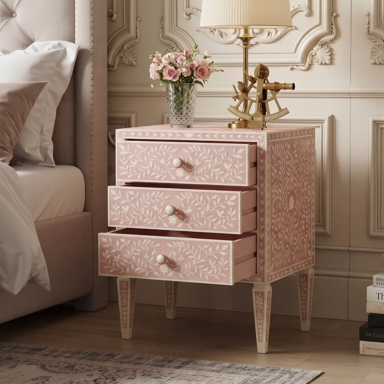 Handmade Bone Inlay Pink Bedside Table - Image 6