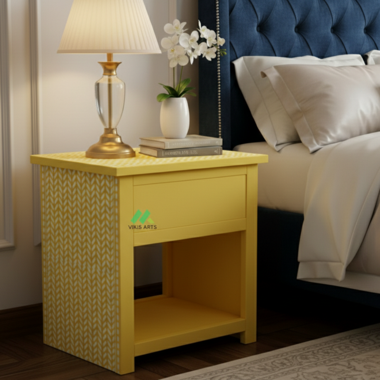 Bone Inlay Yellow Bedside Table with 1 Drawer - Image 2