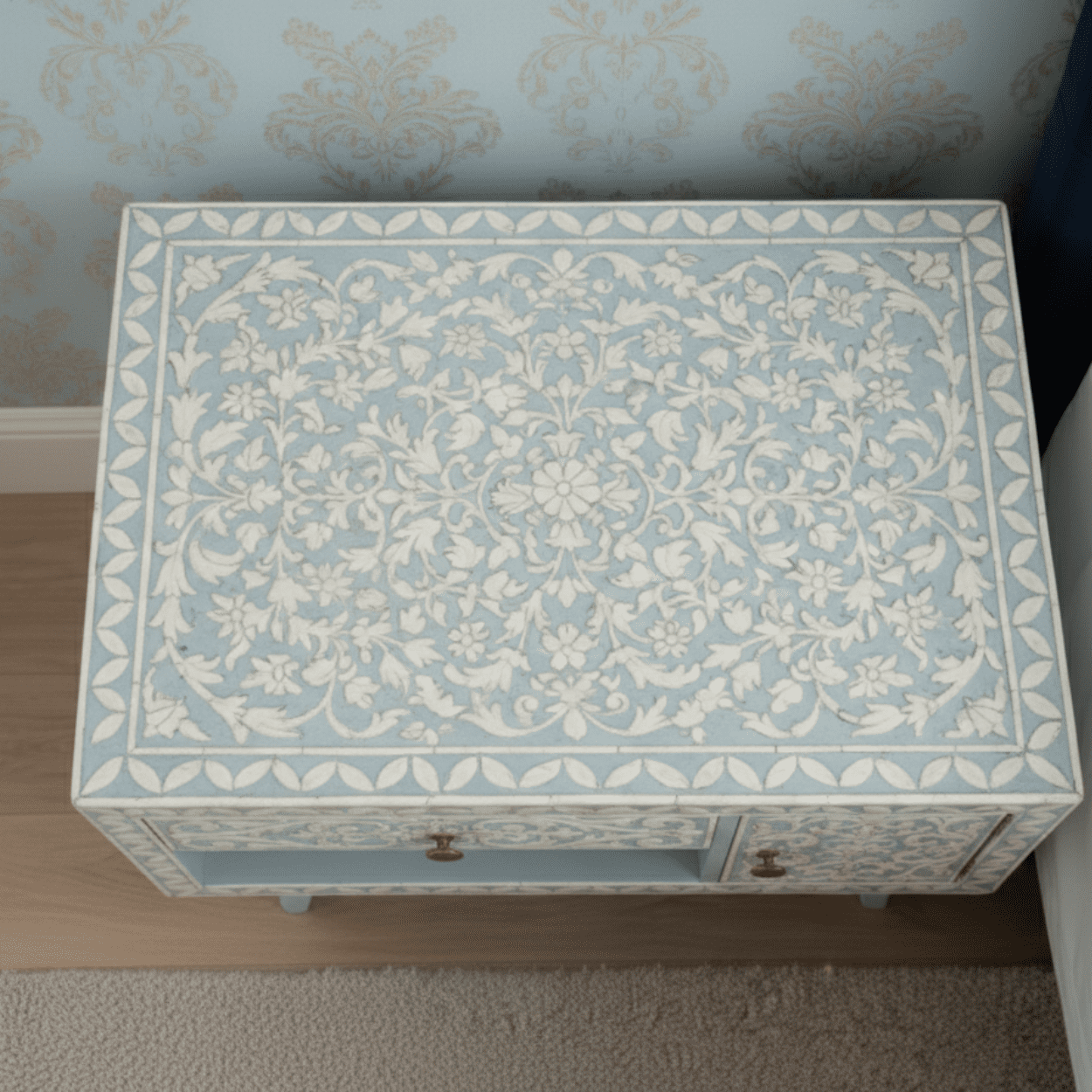 Bone Inlay Light Blue Bedside Table with Drawer - Image 3