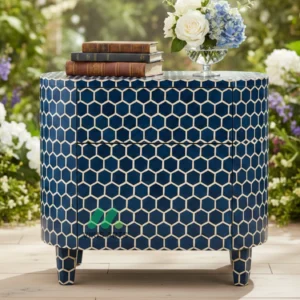 Bone inlay Blue Round bedside table with 2 Drawers