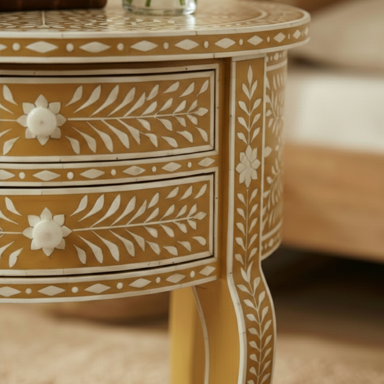 Bone inlay Yellow Round bedside table with 2 Drawers - Image 3