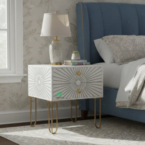 Bone Inlay White Bedside Table 2 Drawer