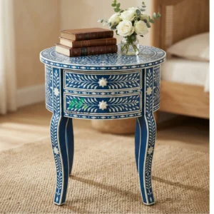 Bone Inlay Blue Round Bedside Table With 2 Drawers