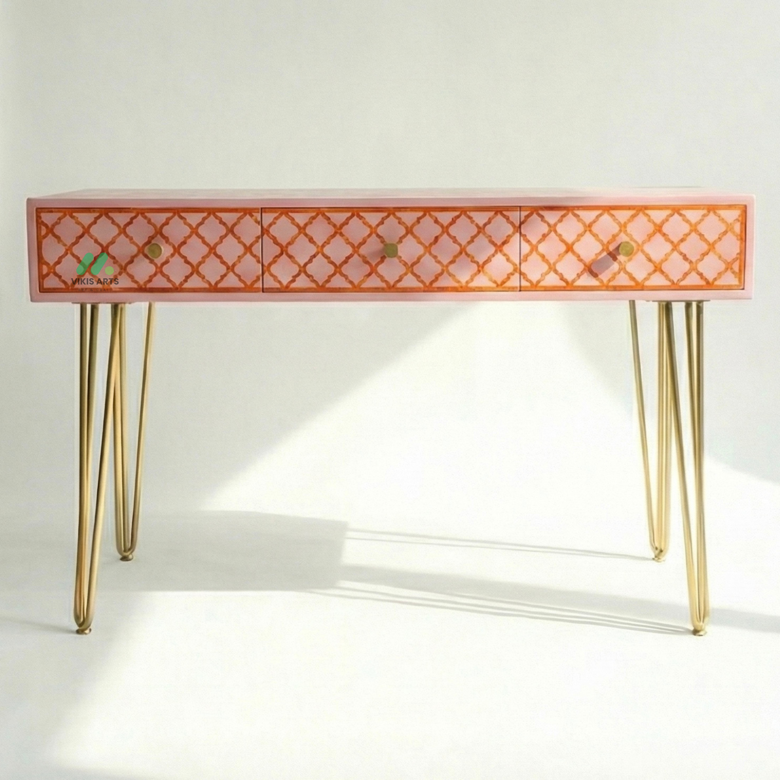Bone Inlay Pink Desk with 3 Drawers