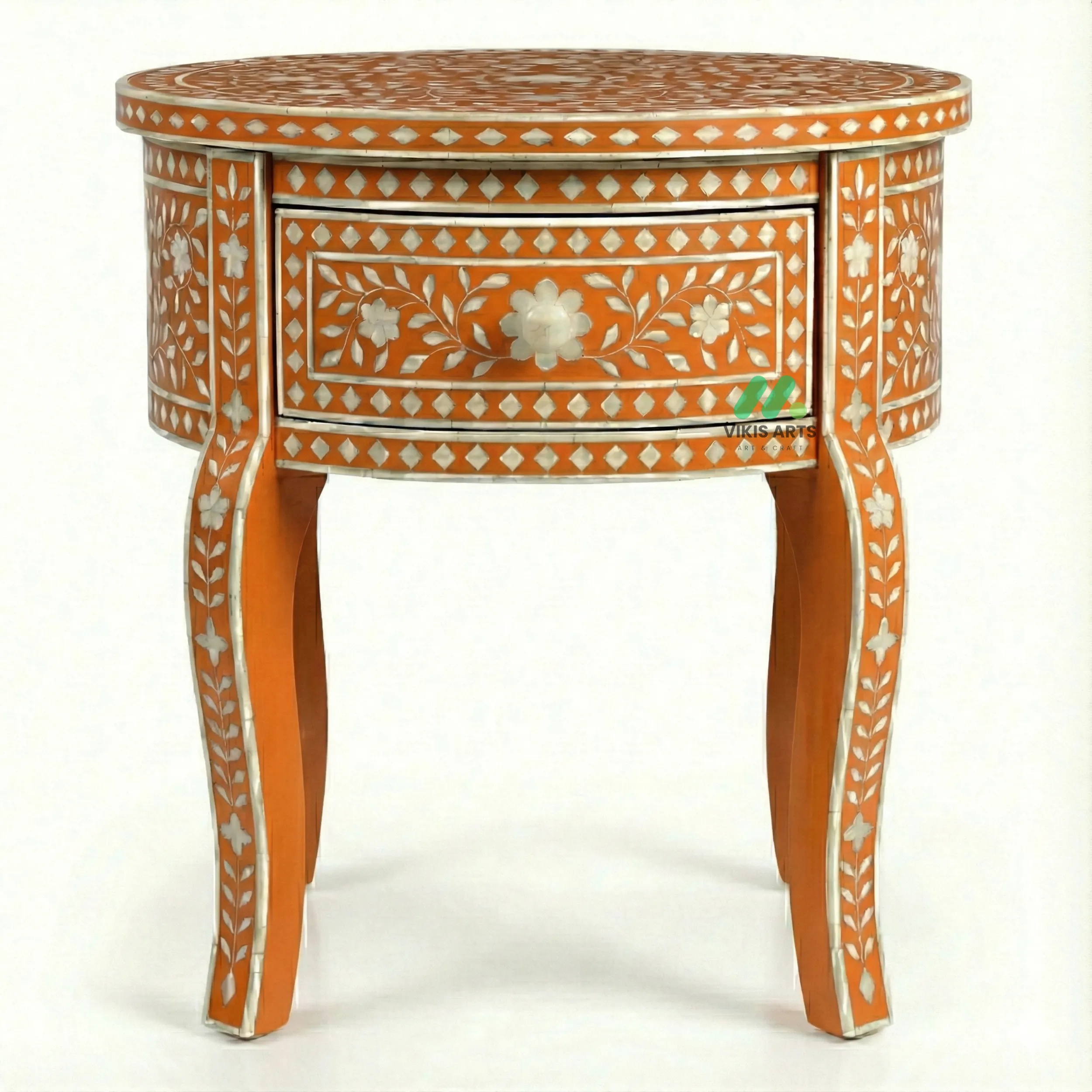 Bone inlay Orange Round bedside table with 1 Drawer